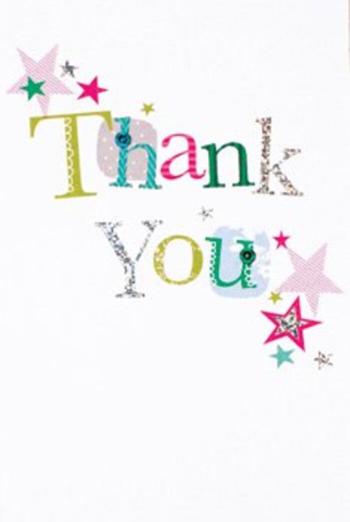 The layout of this thank you card brings together elegance and playful exuberance, much like the atmosphere throughout Finsbury Park. Each letter in 'Thank You' holds a unique personality-some whimsical with dots and gentle curves, others classic in their simplicity-all set against a pristine white canvas. Star shapes, some filled with glimmering pink stripes, others shaded in rich turquoise or subtle silver, cluster invitingly near the message, echoing the cheerful energy of local gatherings by the boating lake. The composition stays light and modern, breathing with space and charm, and the pops of colour and gentle movement of the stars recall an afternoon spent among the park's flowerbeds. Its contemporary style fits any occasion, never too formal or too casual-a perfect companion for a bouquet intended to share gratitude and warmth. The card's artistry, subtle textures, and grounded sophistication wouldn't be out of place in a Finsbury Park boutique florist, capturing the mood of genuine thanks in every well-chosen detail.